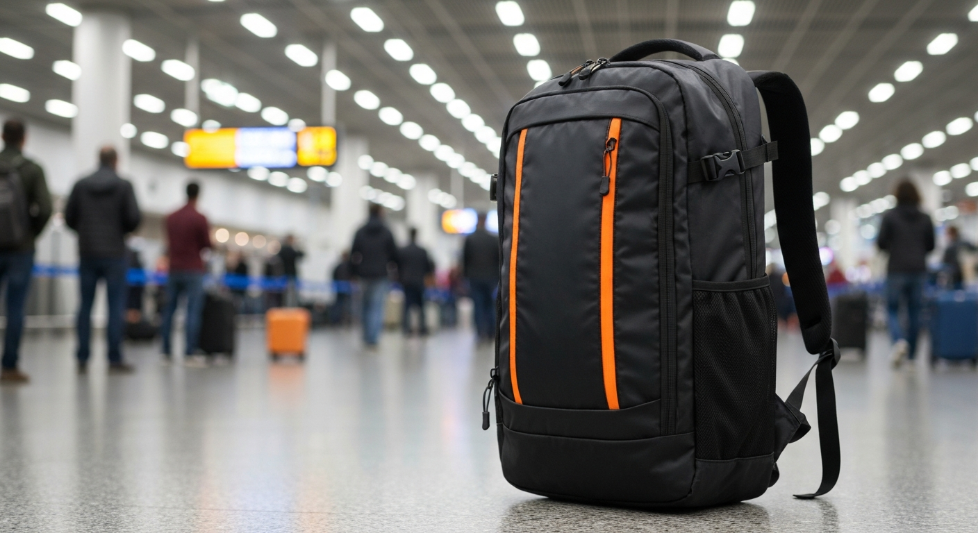 A stylish 45-liter travel backpack in an airport setting, ready for boarding. A stylish 45-liter travel backpack in an airport setting, ready for boarding.