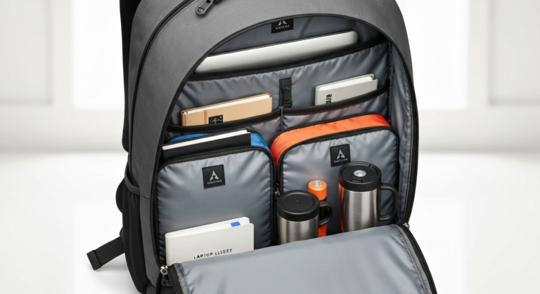 Inside view of a 45L backpack, showing organized compartments and packing cubes.