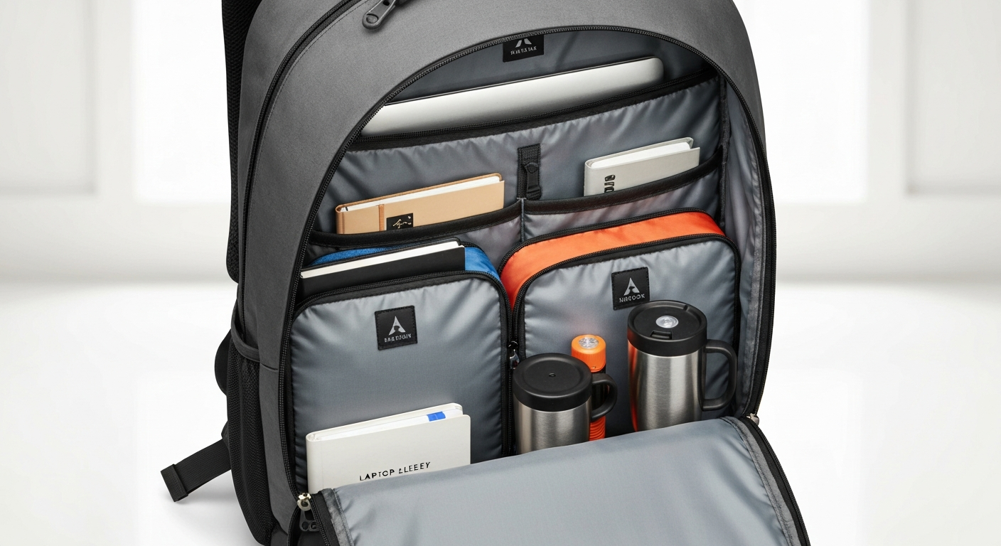 Inside view of a 45L backpack, showing organized compartments and packing cubes. Inside view of a 45L backpack, showing organized compartments and packing cubes.
