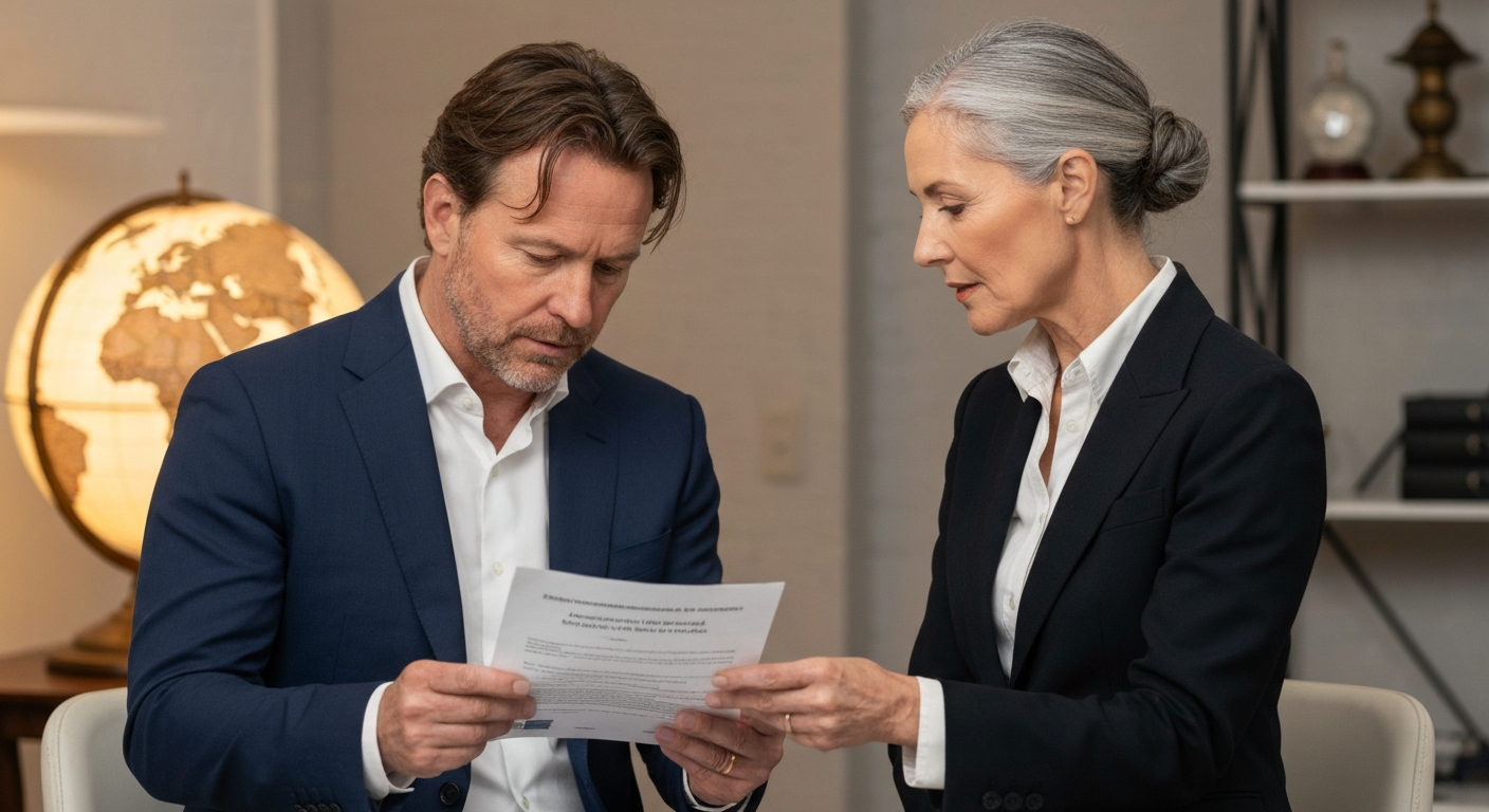 A man in a suit, representing a husband, consulting with his lawyer over travel documents, with a world map subtly in the background, signifying legal navigation during an ongoing 498A case and the possibility of international travel.