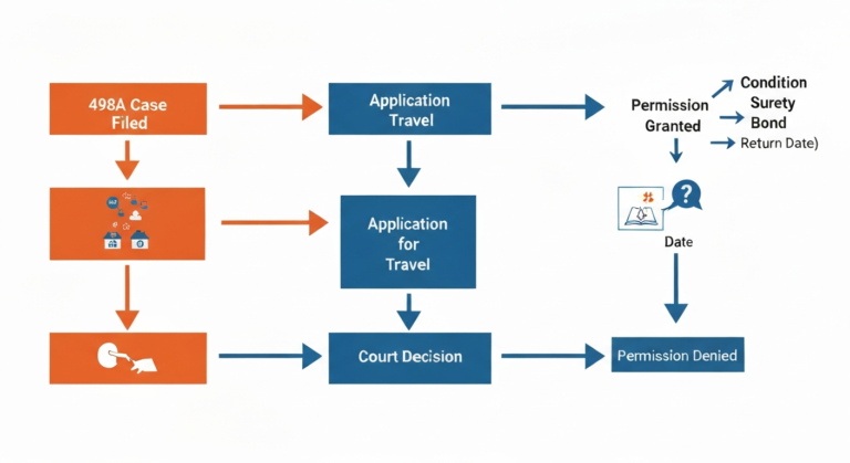 A flow chart illustrating the legal steps for a husband to travel internationally during a 498A case, showing the application process, court's decision points, and potential conditions like surety and bond.