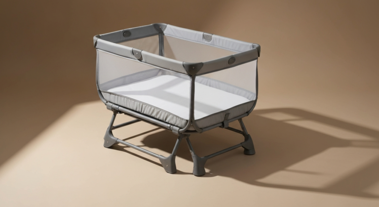 A fully assembled 4baby Liteway Travel Cot with its lightweight frame, mesh sides, and padded base.