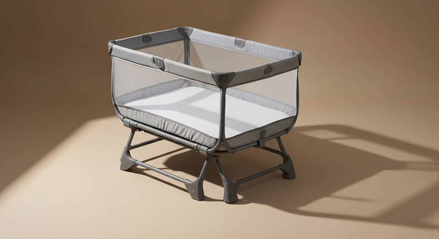 A fully assembled 4baby Liteway Travel Cot with its lightweight frame, mesh sides, and padded base. A fully assembled 4baby Liteway Travel Cot with its lightweight frame, mesh sides, and padded base.