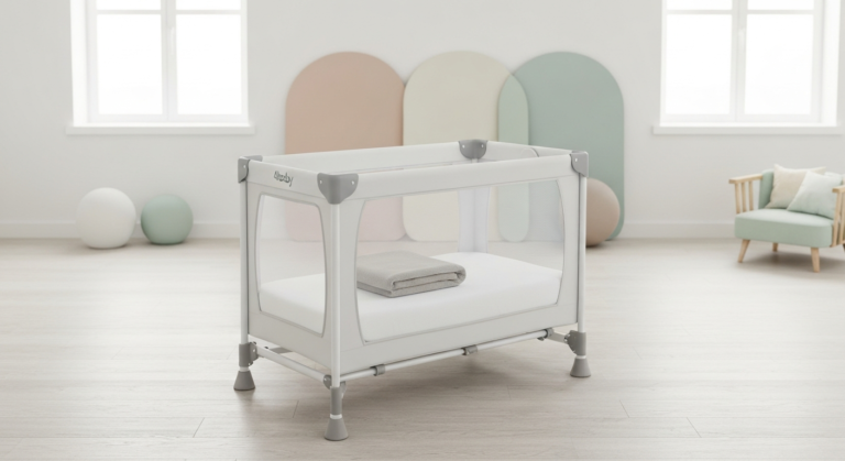 A modern 4baby travel cot with breathable mesh sides and a sturdy frame, set up in a bright room, ready for a baby's comfortable sleep.