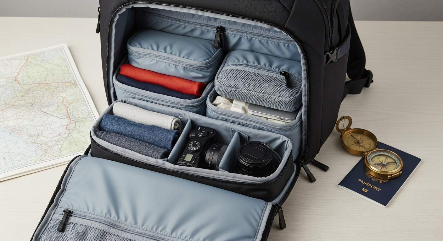 A 50L travel backpack with internal organization, showing packing cubes for efficient travel.