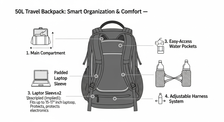 Infographic illustrating key features of a 50L travel backpack, including compartments and adjustable straps.