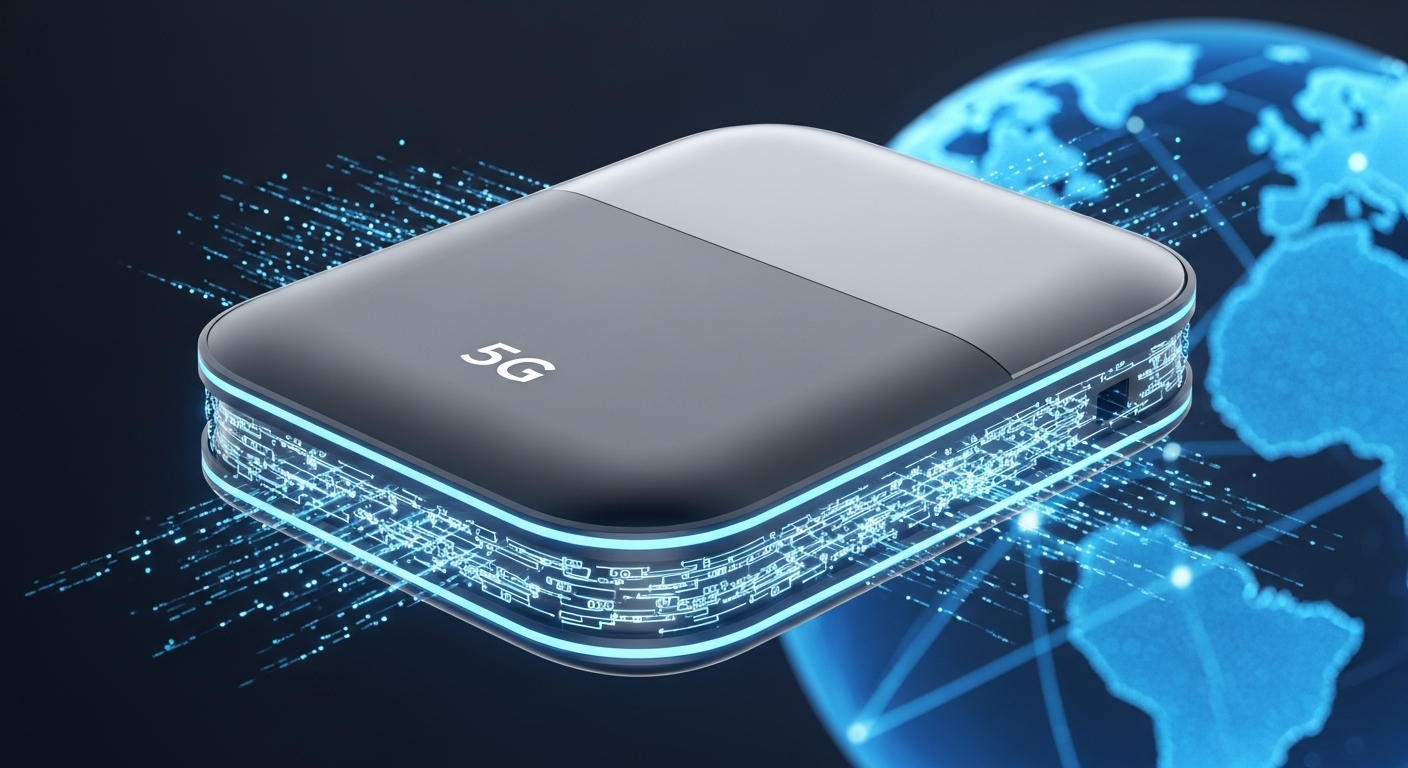 A compact, modern 5G travel router device with glowing indicators, surrounded by abstract data streams, symbolizing fast and global internet connectivity.