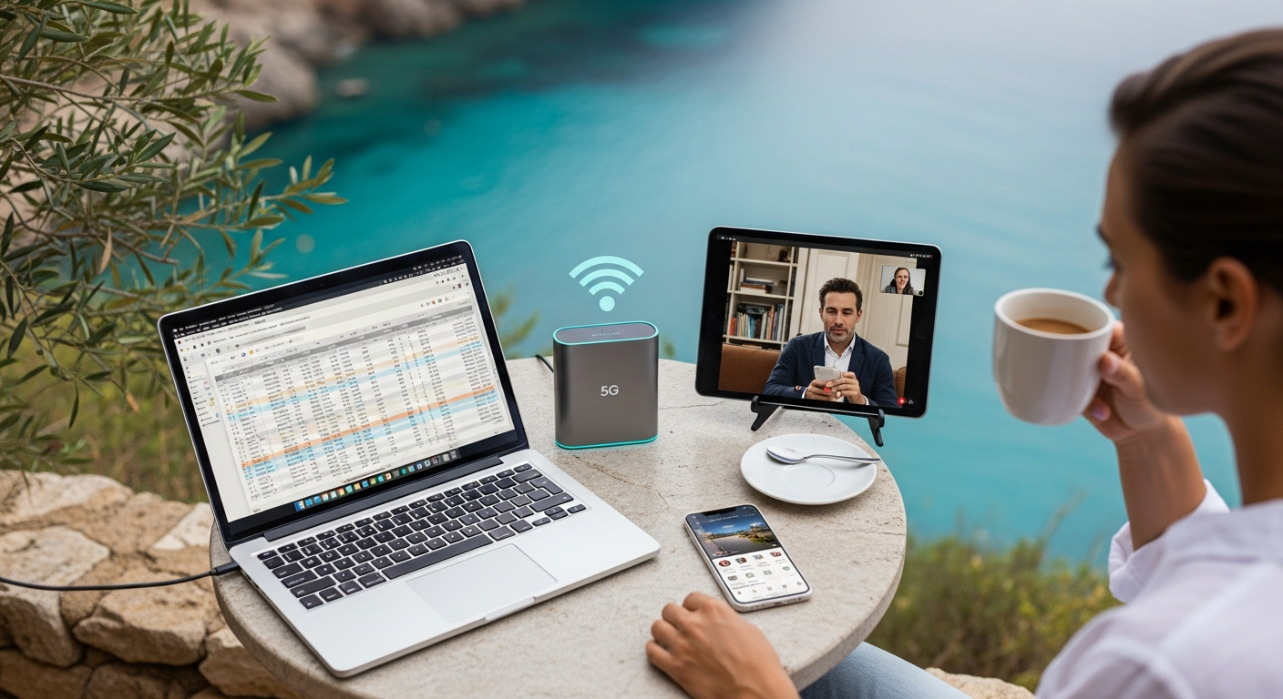 A traveler working on a laptop in a beautiful outdoor setting, with a small 5G travel router providing seamless internet connection to multiple devices.