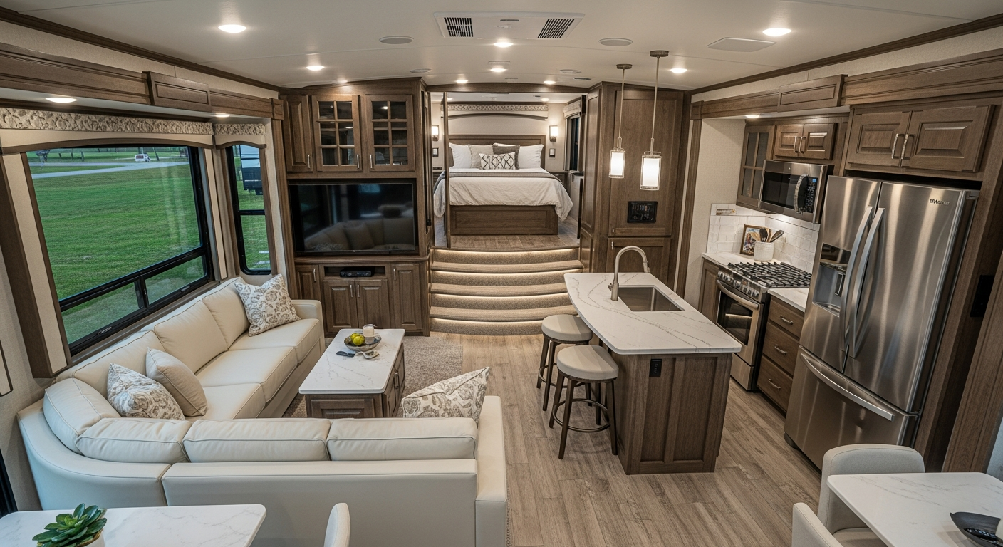 Spacious interior of a modern 5th wheel travel trailer showing multi-level design and residential amenities. Spacious interior of a modern 5th wheel travel trailer showing multi-level design and residential amenities.