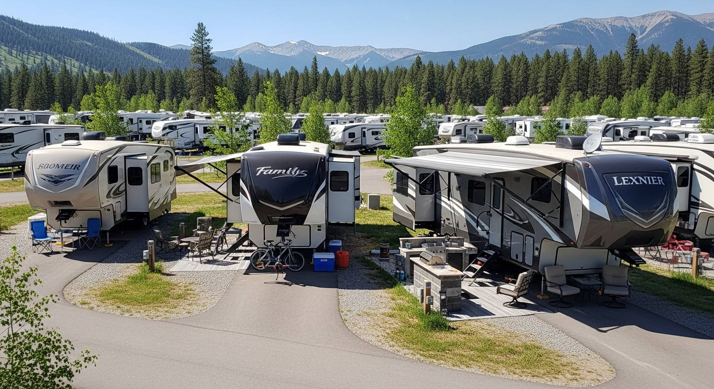 Variety of 5th wheel travel trailers parked in a scenic campground, showcasing different types and sizes. Variety of 5th wheel travel trailers parked in a scenic campground, showcasing different types and sizes.