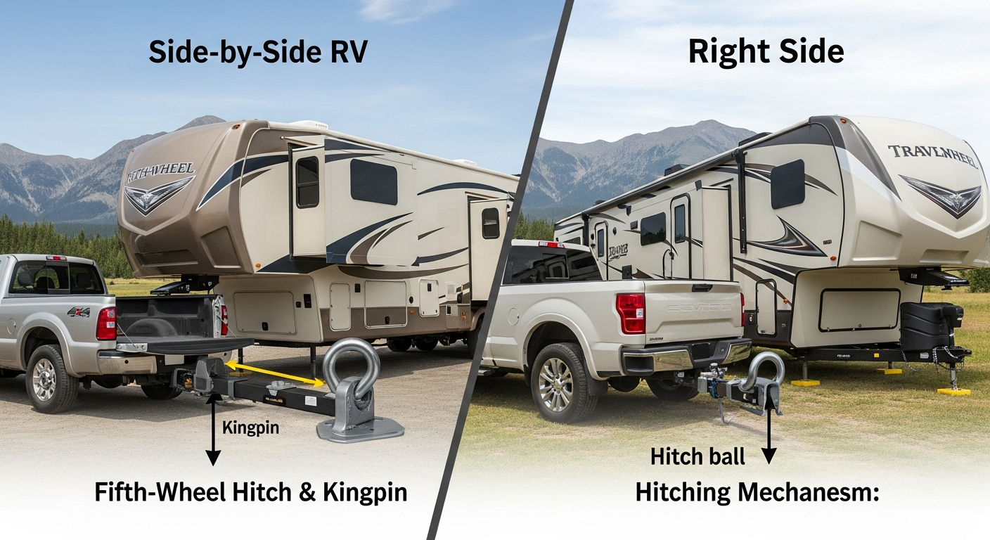 Comparison of a 5th wheel RV hitched in a truck bed versus a travel trailer RV with a bumper hitch, illustrating distinct towing setups.