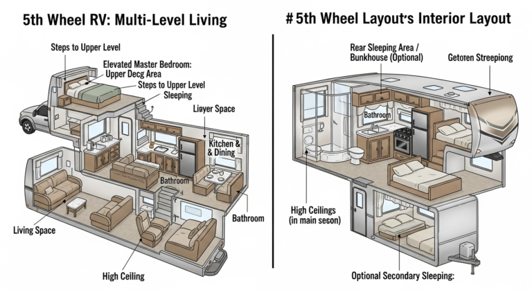 Infographic illustrating the interior layout differences between a 5th wheel RV and a travel trailer RV, highlighting the raised bedroom in the 5th wheel.