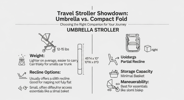 Infographic comparing key features of umbrella and compact fold travel strollers for 6 month old babies.
