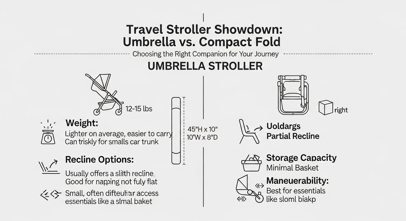 Parent easily folding a compact, lightweight travel stroller with a 6 month old baby inside at an airport. Parent easily folding a compact, lightweight travel stroller with a 6 month old baby inside at an airport.