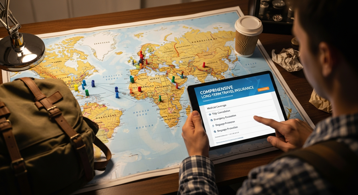 Traveler planning a 6 month journey, looking at a world map with a tablet showing travel insurance details. Traveler planning a 6 month journey, looking at a world map with a tablet showing travel insurance details.