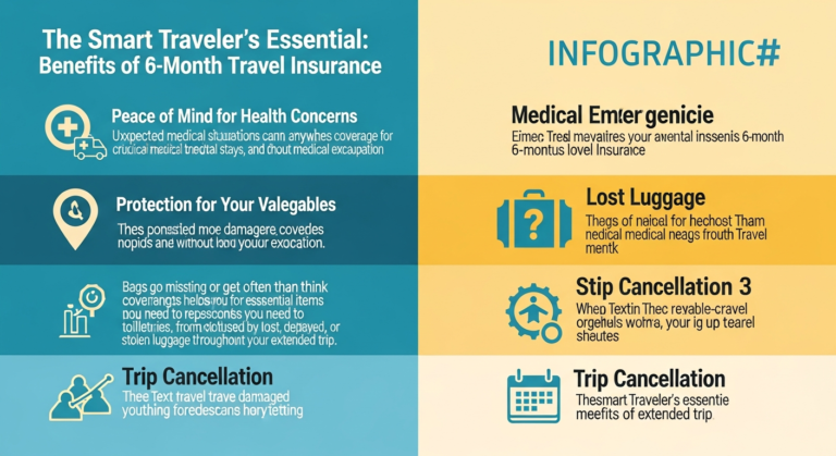 Infographic illustrating benefits of 6 month travel insurance including medical, luggage, cancellation, and assistance.