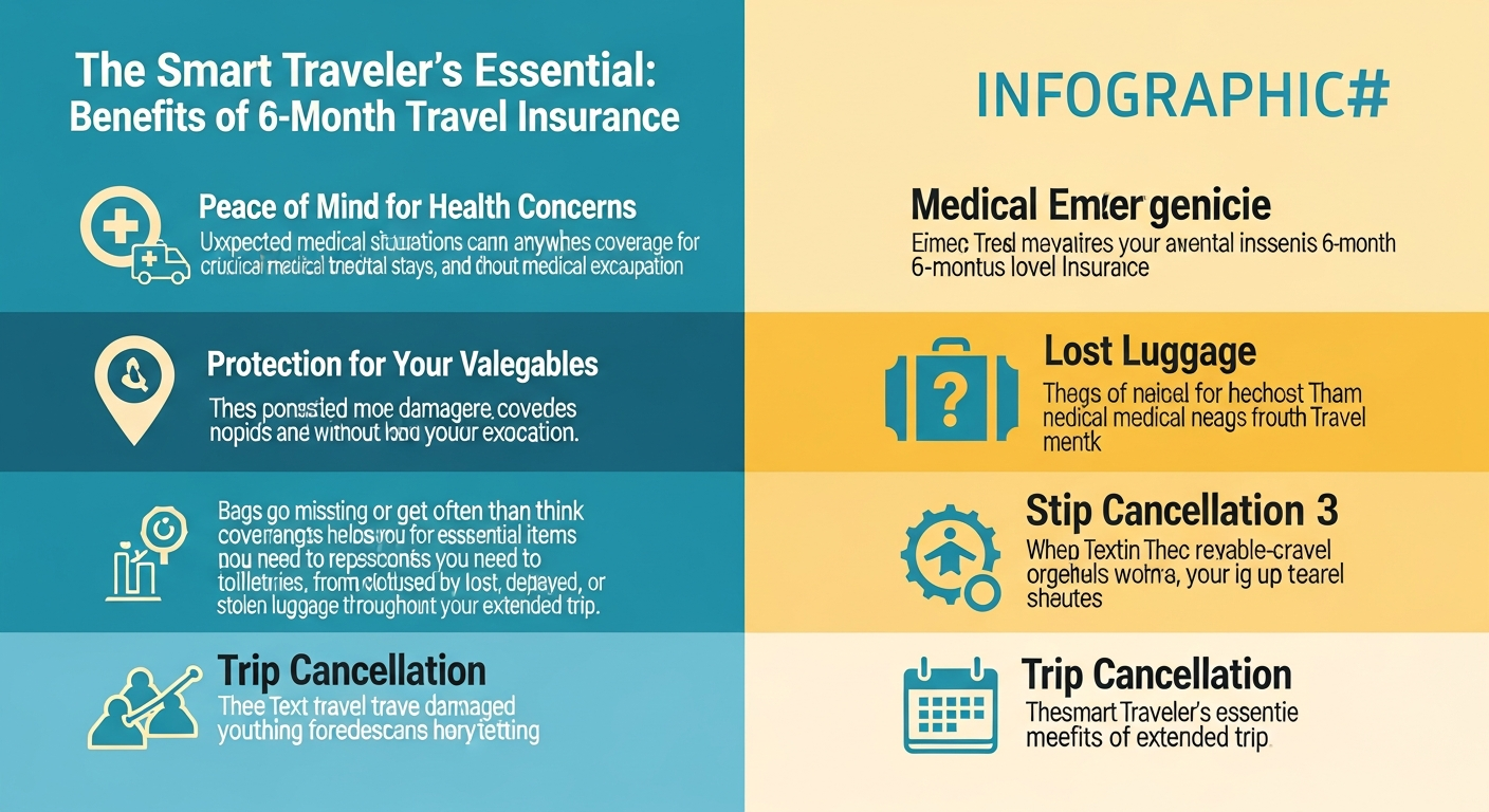 Infographic illustrating benefits of 6 month travel insurance including medical, luggage, cancellation, and assistance. Infographic illustrating benefits of 6 month travel insurance including medical, luggage, cancellation, and assistance.