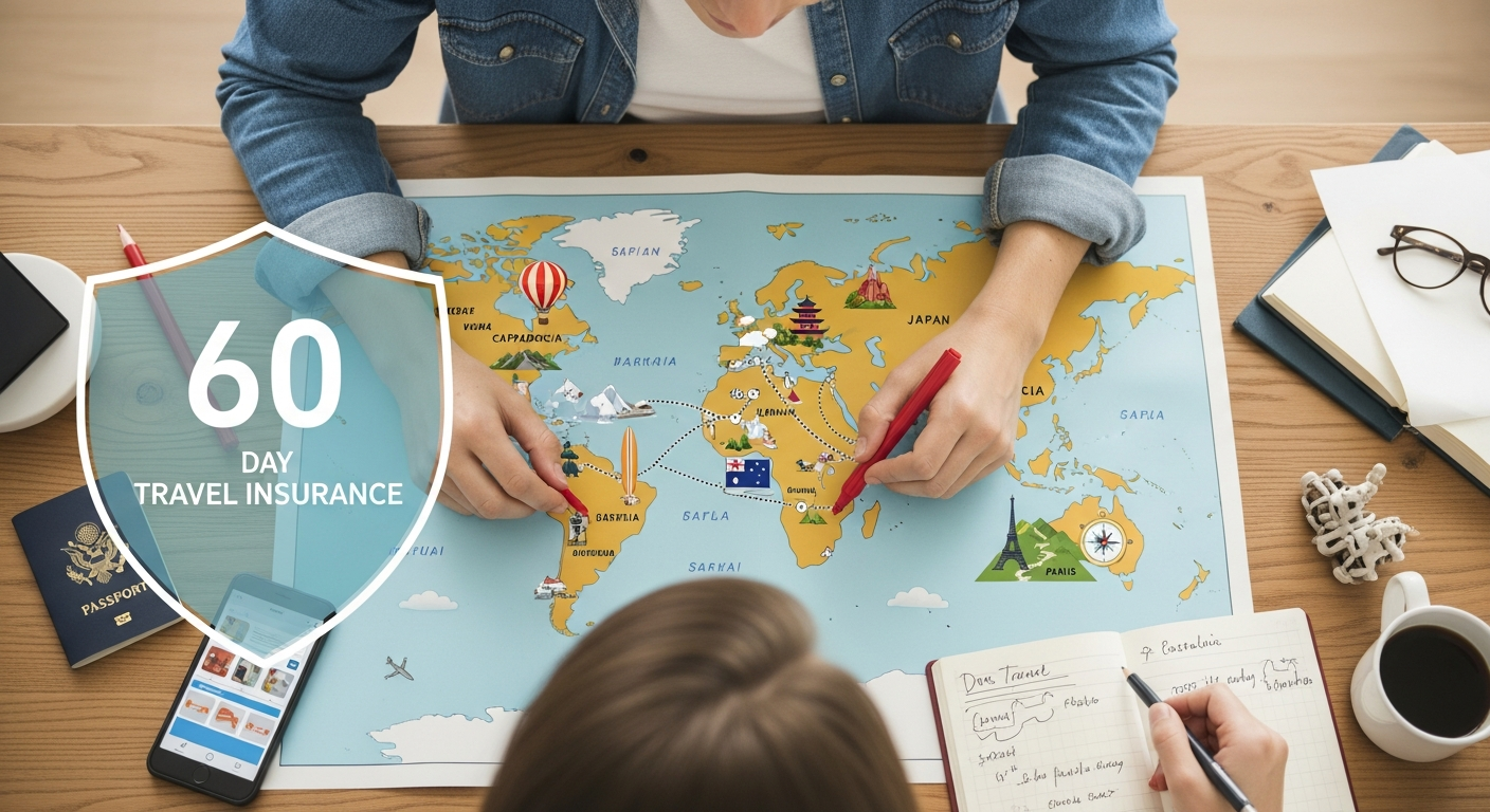 Person planning a 60-day trip on a world map, symbolizing comprehensive travel insurance coverage. Person planning a 60-day trip on a world map, symbolizing comprehensive travel insurance coverage.