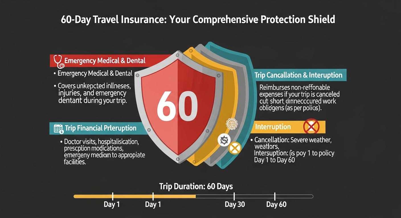 Infographic illustrating various benefits of 60-day travel insurance including medical, cancellation, and baggage protection. Infographic illustrating various benefits of 60-day travel insurance including medical, cancellation, and baggage protection.