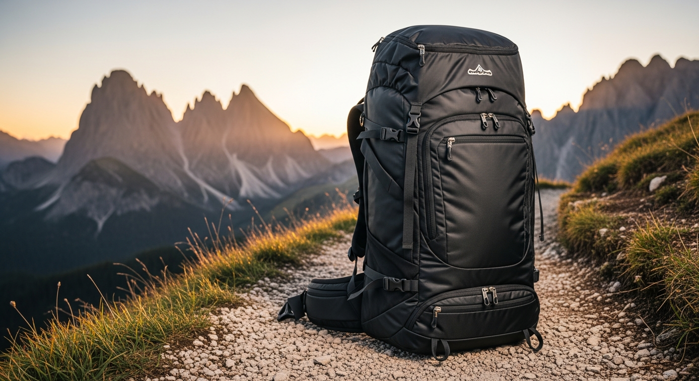 A robust 65 litre travel backpack designed for adventure, set against a beautiful natural landscape, highlighting its readiness for outdoor journeys. A robust 65 litre travel backpack designed for adventure, set against a beautiful natural landscape, highlighting its readiness for outdoor journeys.