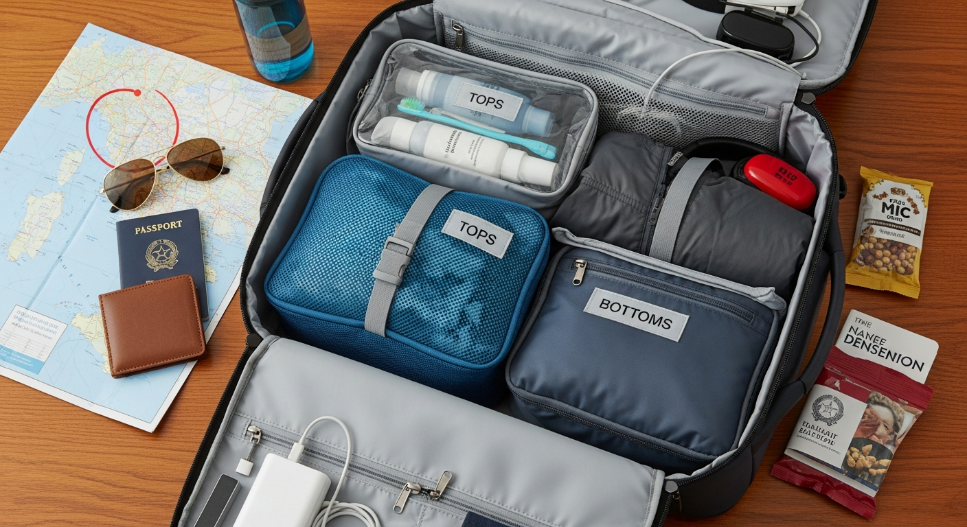 An interior view of a 65 litre travel bag, demonstrating smart organization with packing cubes and other essentials for efficient and tidy travel. An interior view of a 65 litre travel bag, demonstrating smart organization with packing cubes and other essentials for efficient and tidy travel.