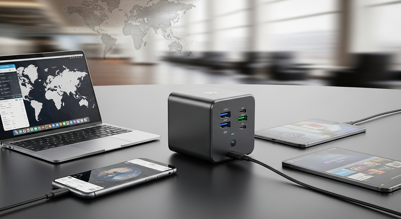 A compact 65W travel adapter with multiple ports, charging a laptop, smartphone, and tablet, symbolizing efficient travel charging. A compact 65W travel adapter with multiple ports, charging a laptop, smartphone, and tablet, symbolizing efficient travel charging.