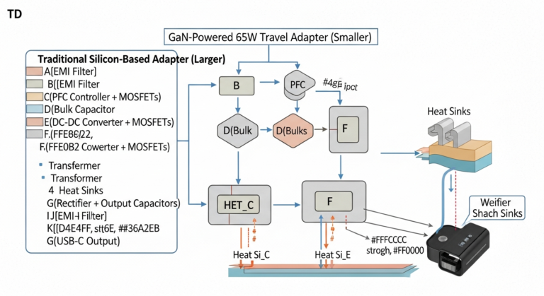 Diagram comparing a compact GaN 65W travel adapter to a larger traditional charger, illustrating the efficiency and size benefits of GaN technology.