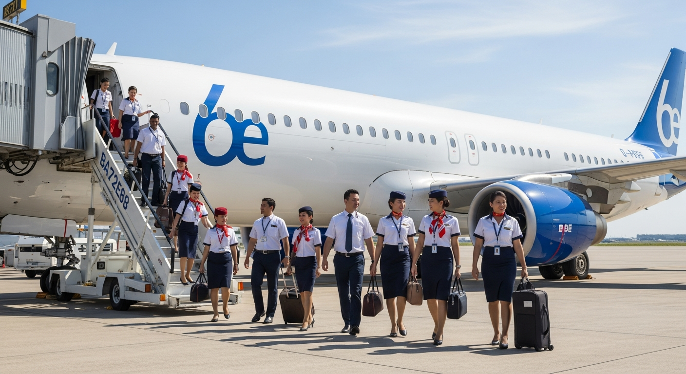 Airline employees with 6e branding happily boarding a modern aircraft for staff travel. Airline employees with 6e branding happily boarding a modern aircraft for staff travel.