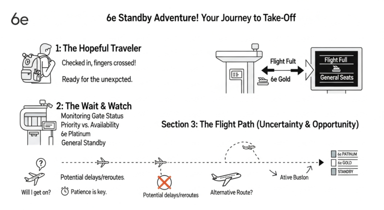 Infographic depicting the standby travel experience with potential challenges and successful boarding for 6e staff.