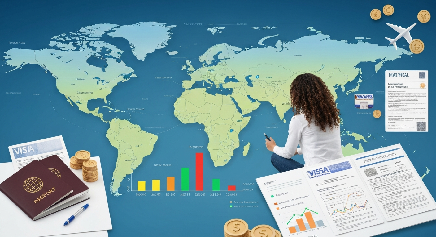 Visualizing global travel budget planning with a world map, financial charts, and travel documents. Visualizing global travel budget planning with a world map, financial charts, and travel documents.