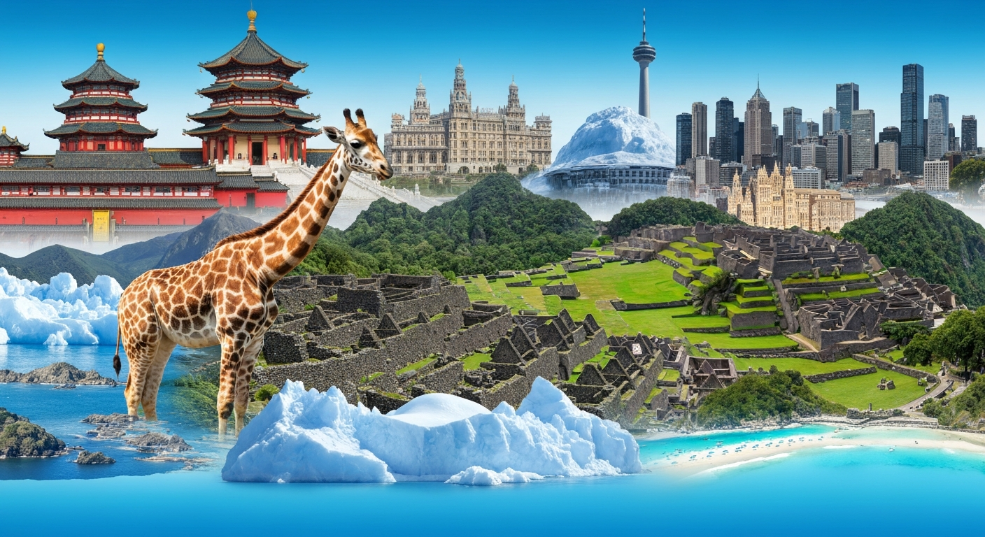 A vibrant collage representing diverse global travel experiences across multiple continents, including landmarks and cultural symbols. A vibrant collage representing diverse global travel experiences across multiple continents, including landmarks and cultural symbols.