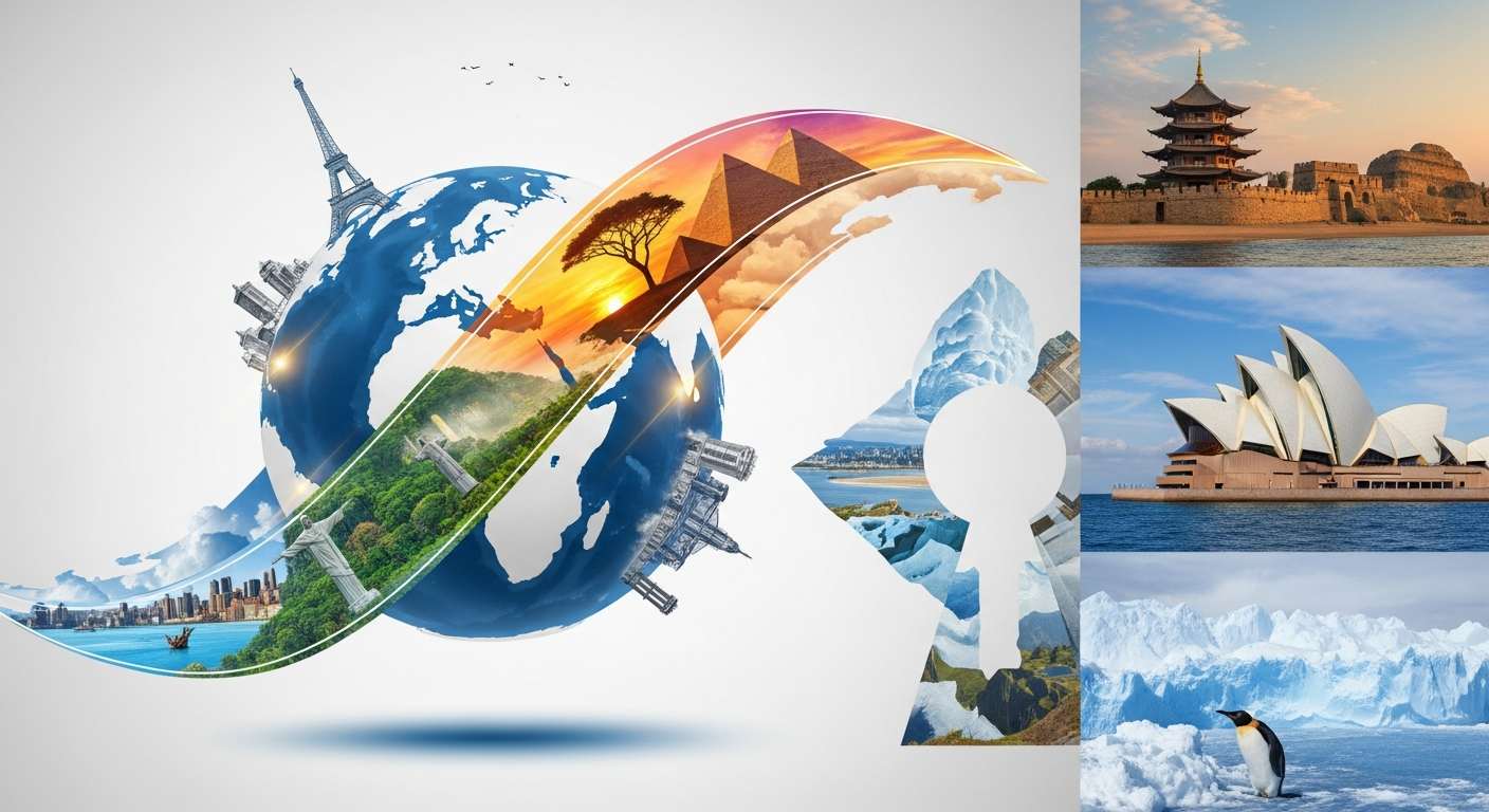 Stylized globe showing iconic landmarks from all seven continents, representing comprehensive global travel services by 7 Continents Travel Ltd.