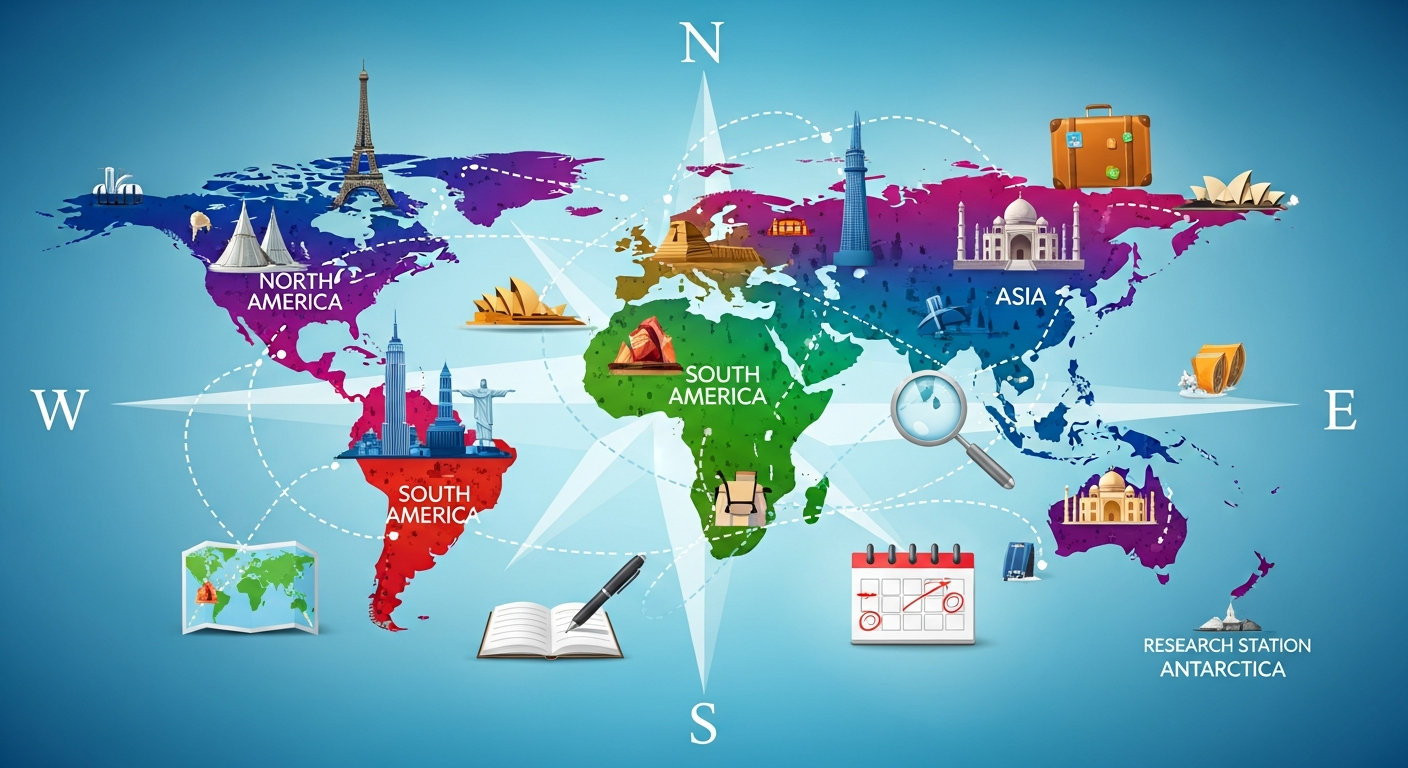 Global travel map showcasing the seven continents and popular landmarks for adventure planning.
