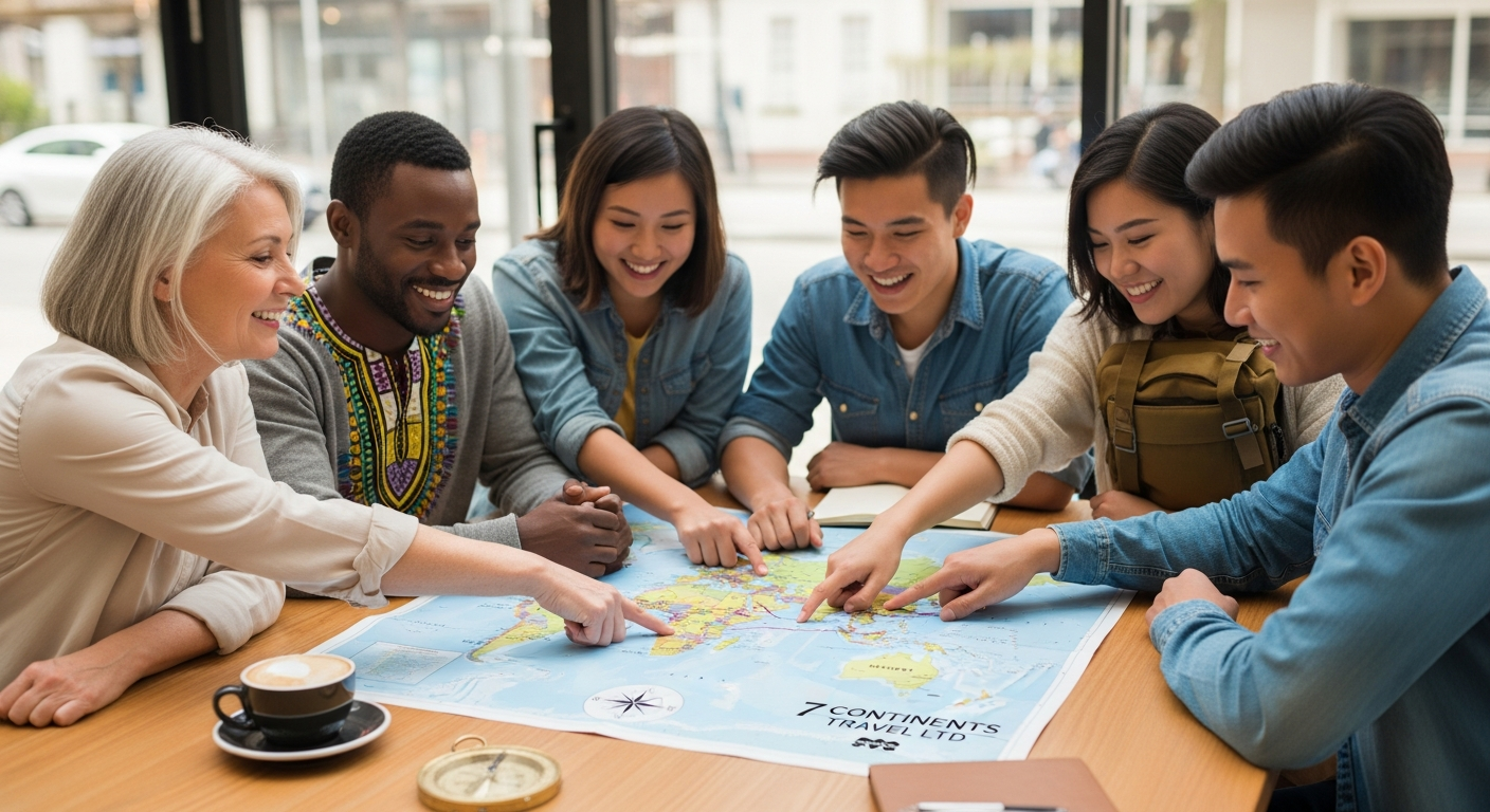 Diverse group of travelers happily planning their next worldwide adventure with 7 Continents Travel Ltd.
