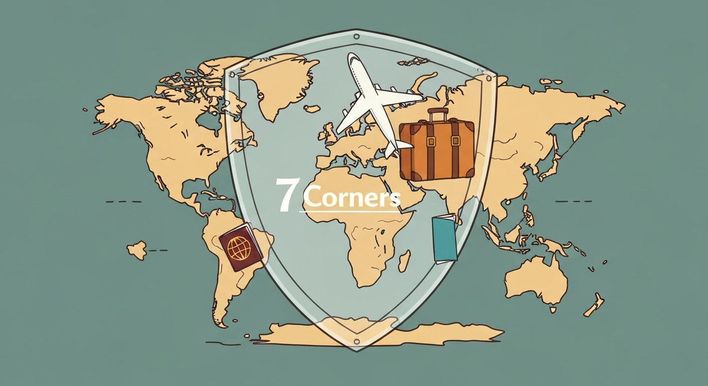 World map with a protective shield over travel icons, representing 7 Corners travel insurance coverage.