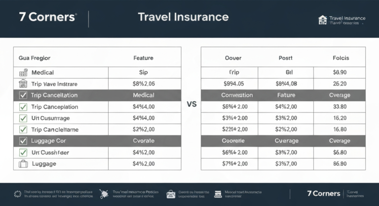 Infographic comparing 7 Corners travel insurance plan features like medical, cancellation, and baggage.
