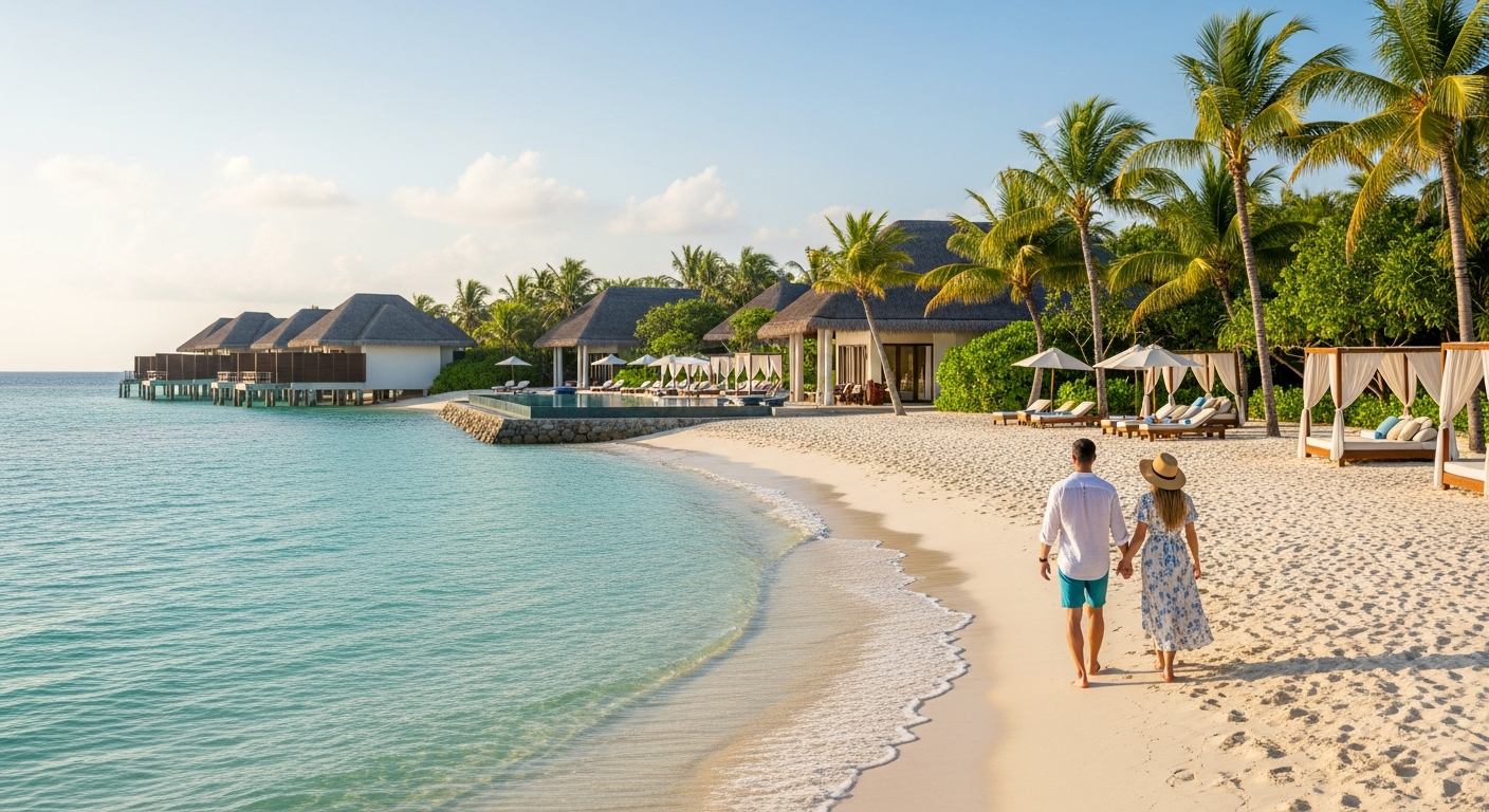 A couple enjoying a luxurious beach resort vacation, showcasing the dream trips planned by 7 Seas Travel Agency.