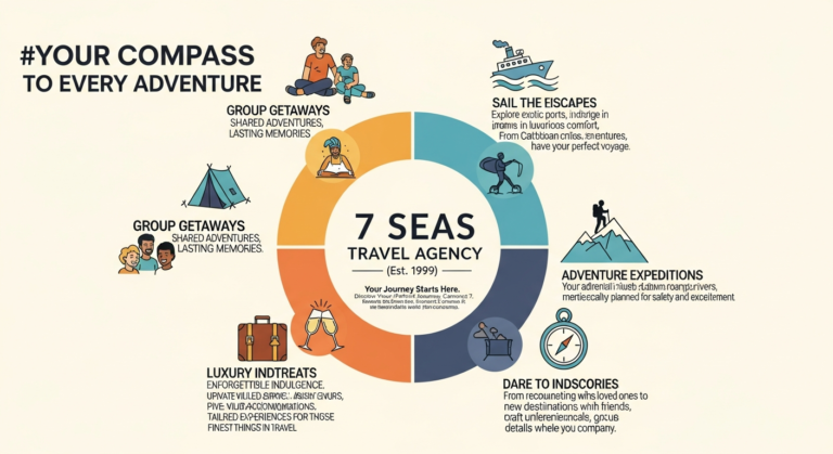 Infographic depicting diverse travel options like cruises, adventure trips, and luxury getaways, all managed by 7 Seas Travel Agency.