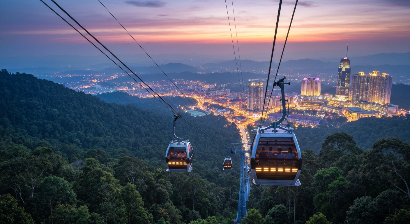 Awana SkyWay cable car ascending towards Resorts World Genting at dusk, showing the illuminated resort buildings and surrounding rainforest. Awana SkyWay cable car ascending towards Resorts World Genting at dusk, showing the illuminated resort buildings and surrounding rainforest.