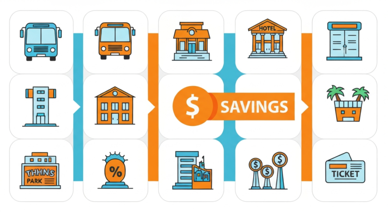 Infographic illustrating bundled travel savings, with icons for bus transport, hotel stay, and theme park tickets, representing a 707 Travel package.
