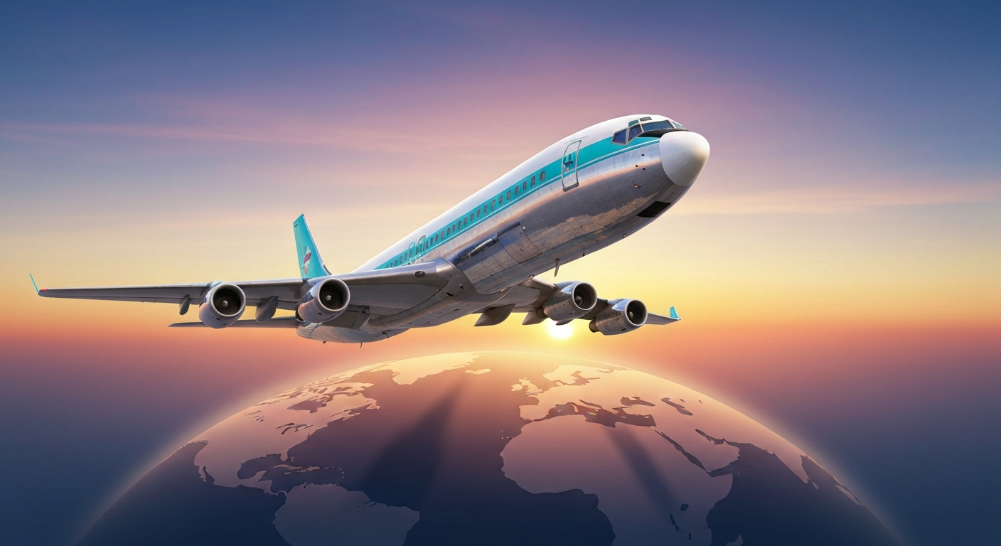 A vintage Boeing 707 jet airliner flying above the clouds, representing the golden age of air travel and global connectivity.