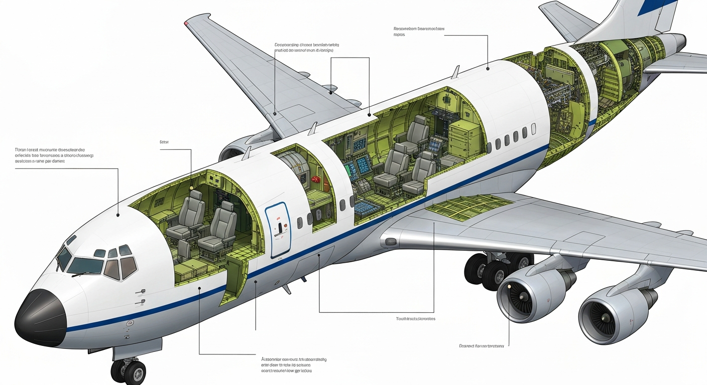 An infographic showing the internal structure and key features of a Boeing 707, highlighting its engineering and versatility for various roles.