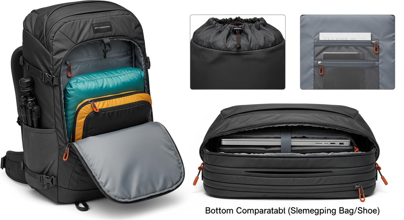 Modern 70L travel backpack with multiple compartments and compression straps, ready for a scenic adventure.