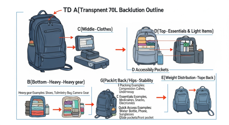 Diagram showing efficient packing strategy for a 70L backpack, illustrating weight distribution and item placement for organized travel.