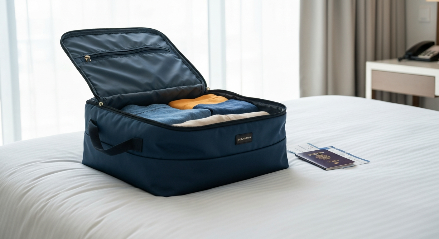 Open 7kg carry-on bag with neatly packed travel essentials in a modern hotel room. Open 7kg carry-on bag with neatly packed travel essentials in a modern hotel room.