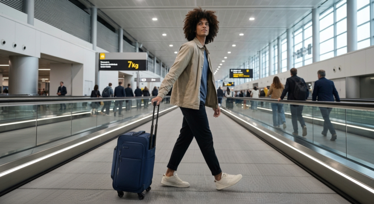 Traveler easily pulling a compact 7kg carry-on bag through a busy airport terminal.