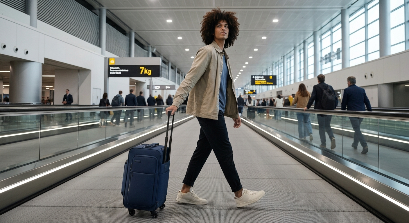 Traveler easily pulling a compact 7kg carry-on bag through a busy airport terminal. Traveler easily pulling a compact 7kg carry-on bag through a busy airport terminal.