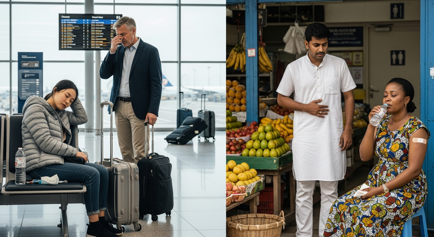 Illustration of diverse travelers experiencing common illnesses like colds, stomach upset, and fatigue, highlighting the need for health preparedness.