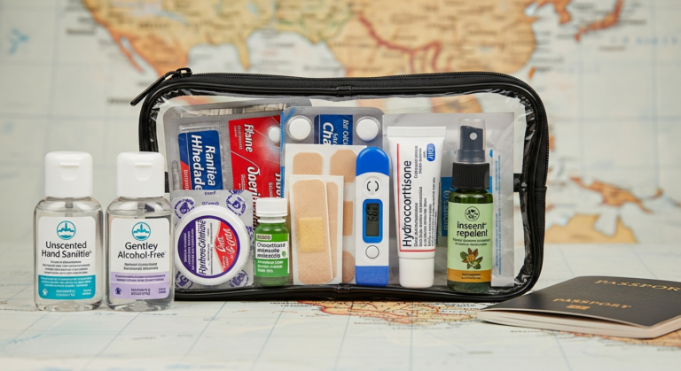 A well-packed travel health kit containing first aid supplies, medications, and hygiene products for staying healthy on a trip.