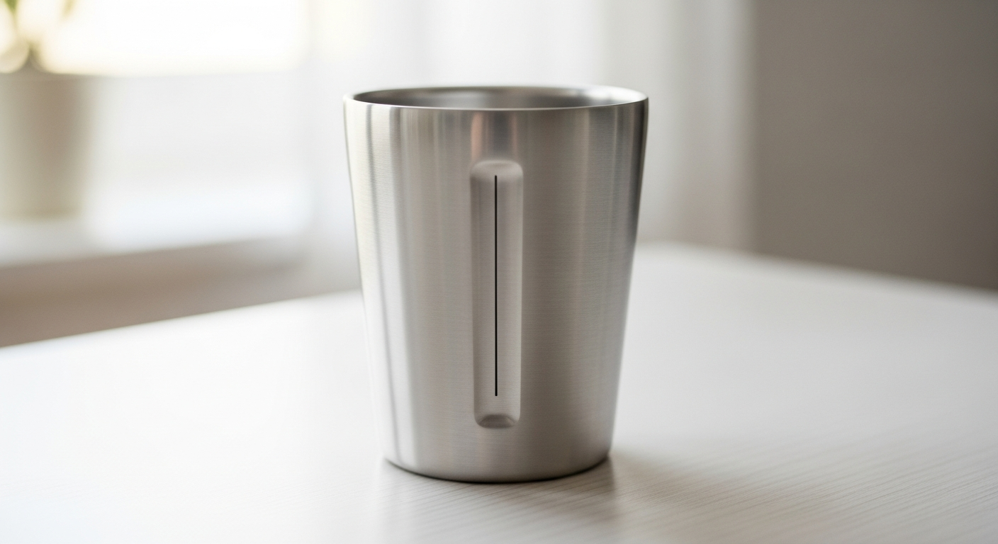 A compact, shiny 8 oz stainless steel travel mug on a bright surface, showcasing its small, portable design. A compact, shiny 8 oz stainless steel travel mug on a bright surface, showcasing its small, portable design.